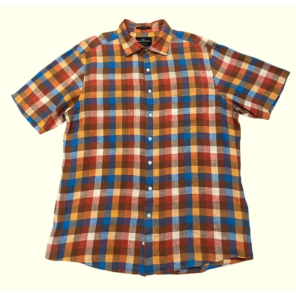 Rodd & Gunn Linen Shirt Plaid Button Front L Woven in Italy Short Sleeve